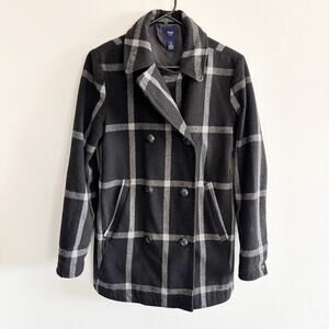 Gap Vintage Sz S Womens Double Breasted Pea Coat Black & White Plaid Wool Blend